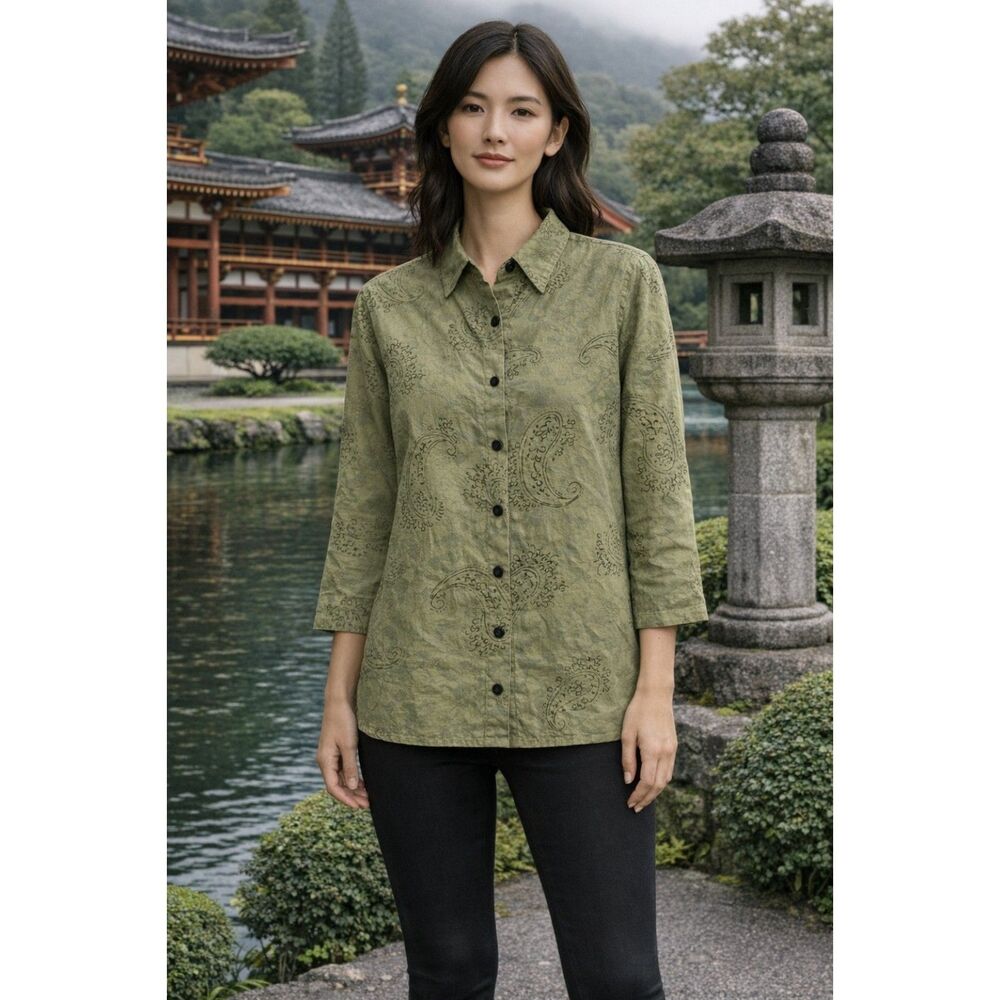JH Collectibles Women’s Green Paisley Burnout Tunic Sz 2 Casual Office